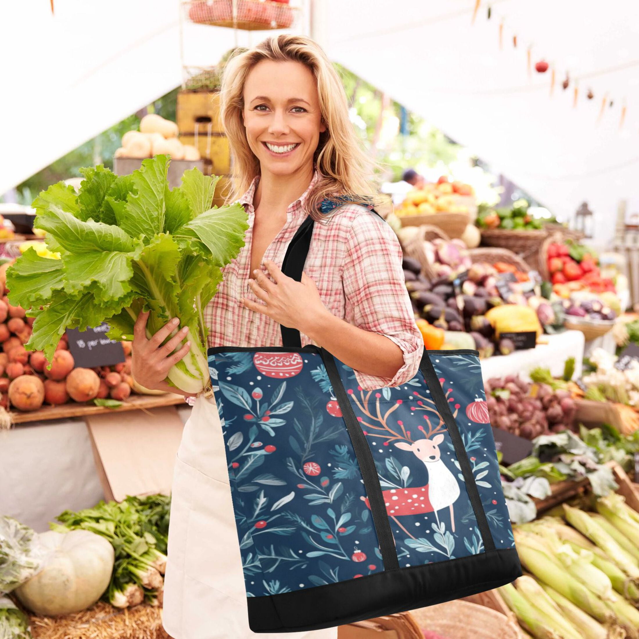 Large Hand-held Ice Pack Picnic Bag Insulation and Refrigeration Suitable for Shopping Picnics and Camping Christmas Deer Picture