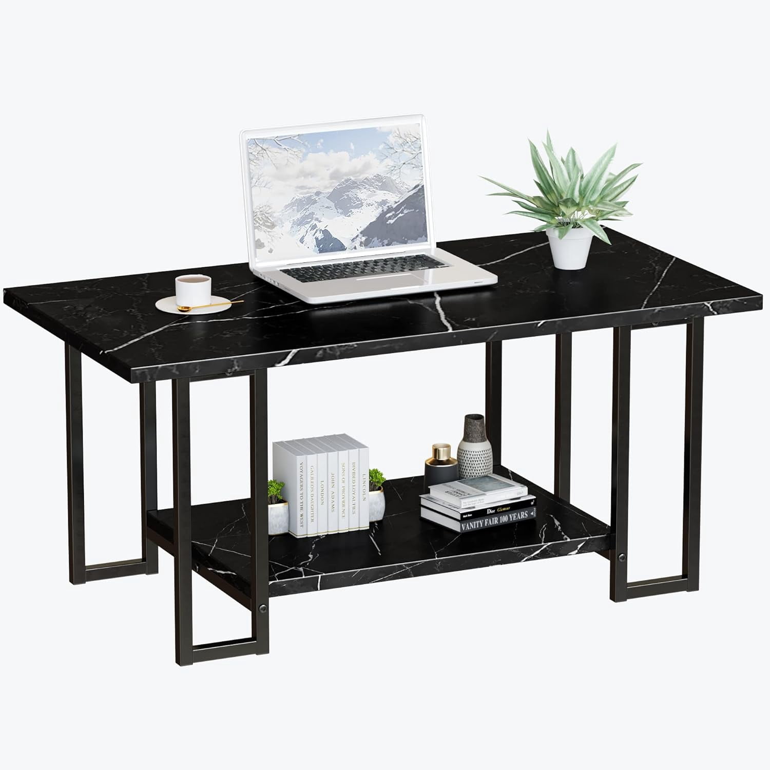 LinkRomat Modern Coffee Table, 40" Faux Marble Top Rectangular Coffee Table with Black Metal Frame, 2 Tier Living Room Table for Living Room, Office, Balcony, Black