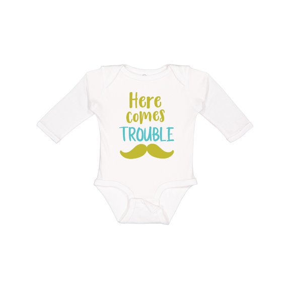 Inktastic Here Comes Trouble, Mustache, Moustache Boys or Girls Long Sleeve Baby Bodysuit