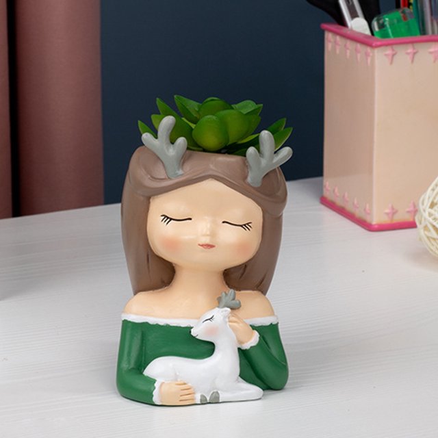 Maceta de plantas suculentas, figuritas de niña de dibujos animados, jarrón de bonsái, decoración (verde)