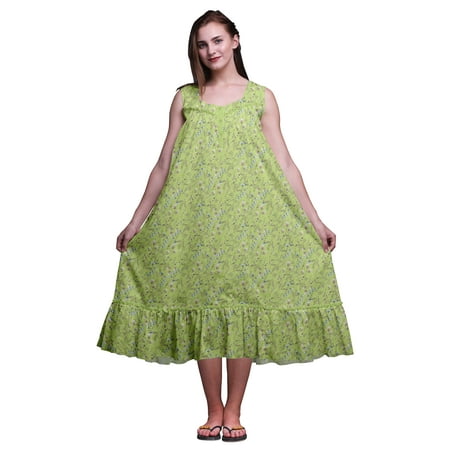 

Bimba Light Green Leaves Bell Flower & Clover Sleeveless Night Gown For Womens Cotton Printed Nightwear Ladies Sleepwear Small