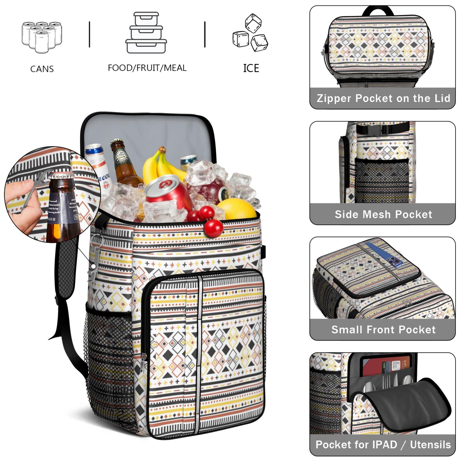 Travel Cooler Bag - Boho Bohemia Pioneer Flower Geometric Line Art Camping Beer Cooler Backpack with Bottle Opener- Waterproof Insulated Picnic Backpacks - Cooler Bag for Beach