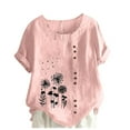 thumbnail image 2 of POTETI Tops for Women Trendy Pink Cotton Linen Casual Round Neck Short Sleeve Printing Loose Shirt Tops, 2 of 3