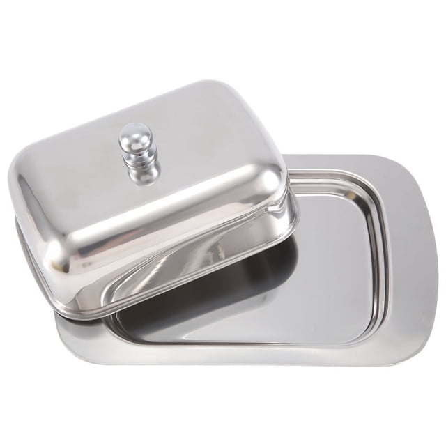 Lujosa caja de acero inoxidable para mantequilla, recipiente para guardar queso brillante, bandeja para servir con tapa fácil de sujetar