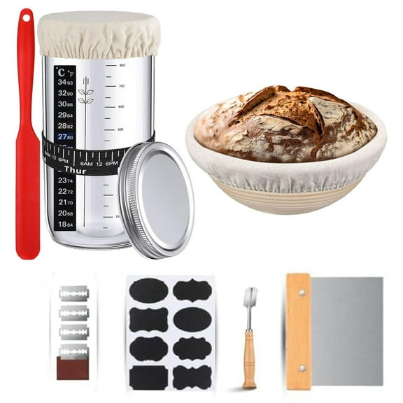 DIY.STORE 9 Pcs Sourdough Starter Kit, 9in Round Bread Proofing Rattan Basket, 1000ml Glass Jar, Steel Scrapers, Bread Lame, Sourdough Bread Baking Supplies Tools for Beginners