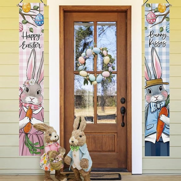 Ovzne Easter Caricature Bunny Couplet Easter Decorations Carrot Bunny Outdoor Porch Hanging Flag On Clearance