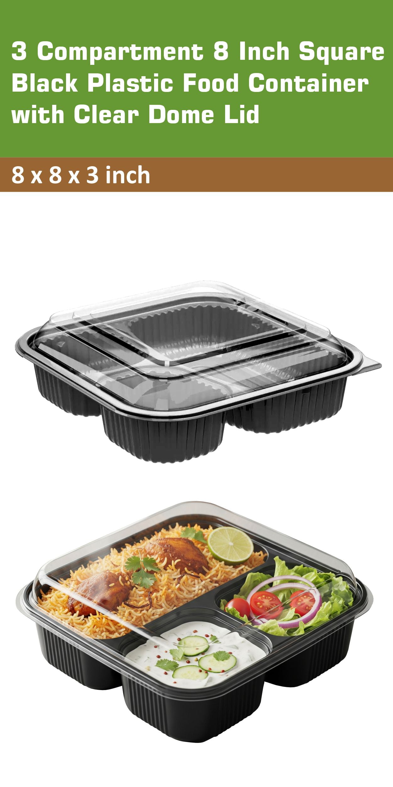 EcoQuality 36oz 8" 3 Compartment Square Black Container with Clear Dome Lid, Reusable Bento Box, Food Storage Containers | BPA Free | Stackable | Lunch Boxes, Microwave/Dishwasher/Freezer Safe (25)