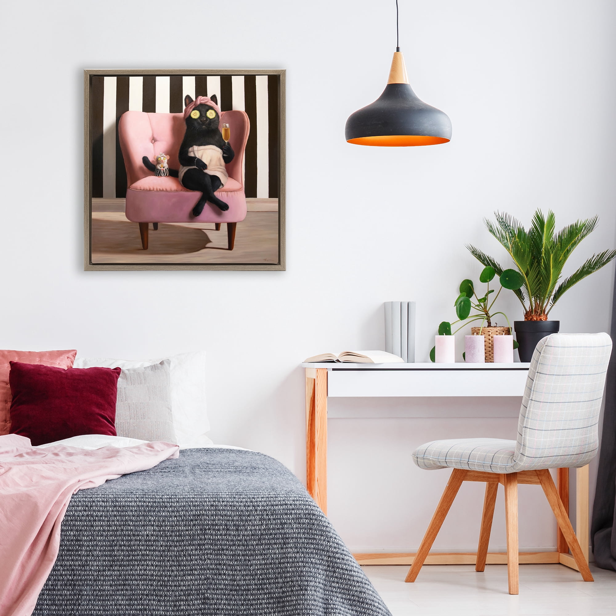 Stupell Industries Pamper Party Cat Brown Framed Floater Canvas Wall Art, design by Lucia Heffernan
