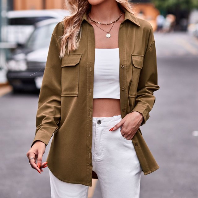 Camisa con cuello de solapa para mujer, blusas informales con bolsillos, blusas de primavera y otoño Hugtrwg Para estrenar