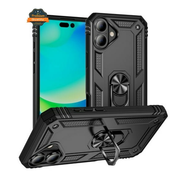 Phone Case for Apple iPhone 17 Shockproof Hybrid Dual Layer PC TPU with Metal Ring Kickstand Heavy Duty Armor Shell Cover Fit for Apple iPhone 17 (6.3") (Black)