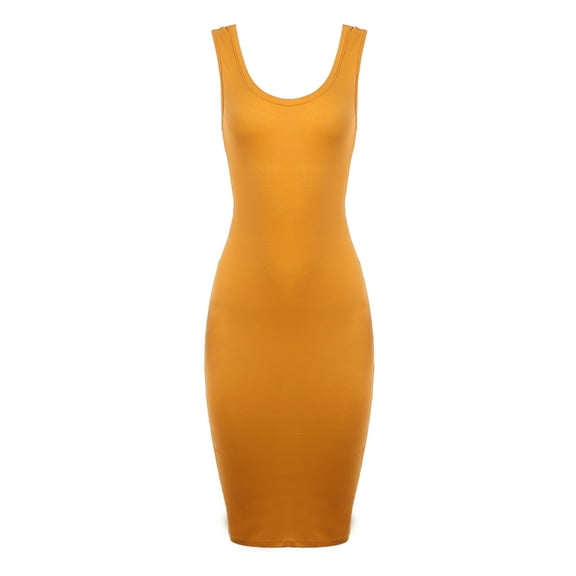 A2Y Women's Ribbed Knit Sleeveless Scoop Neck Midi Bodycon Dress New Mustard L
