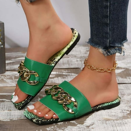 

Womens Sandals Gnobogi Women s Casual Fashion Slippers Leopard Print Chain Decoration Flat Beach Slippers Beach Holiday Shoes Green