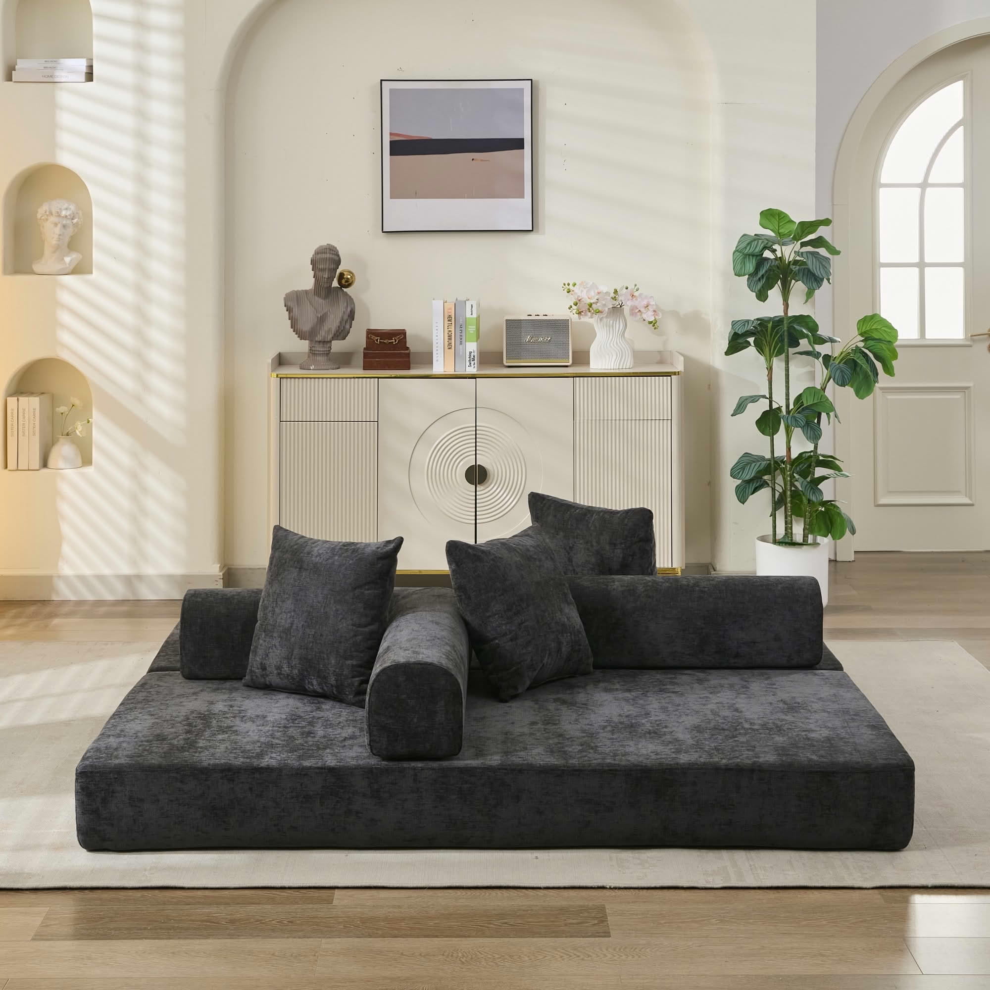 MAYEERTY 78.8" Black Chenille Convertible Floor Sofa Bed, No Assembly Modular Couch with Pillows for Living Room Studio