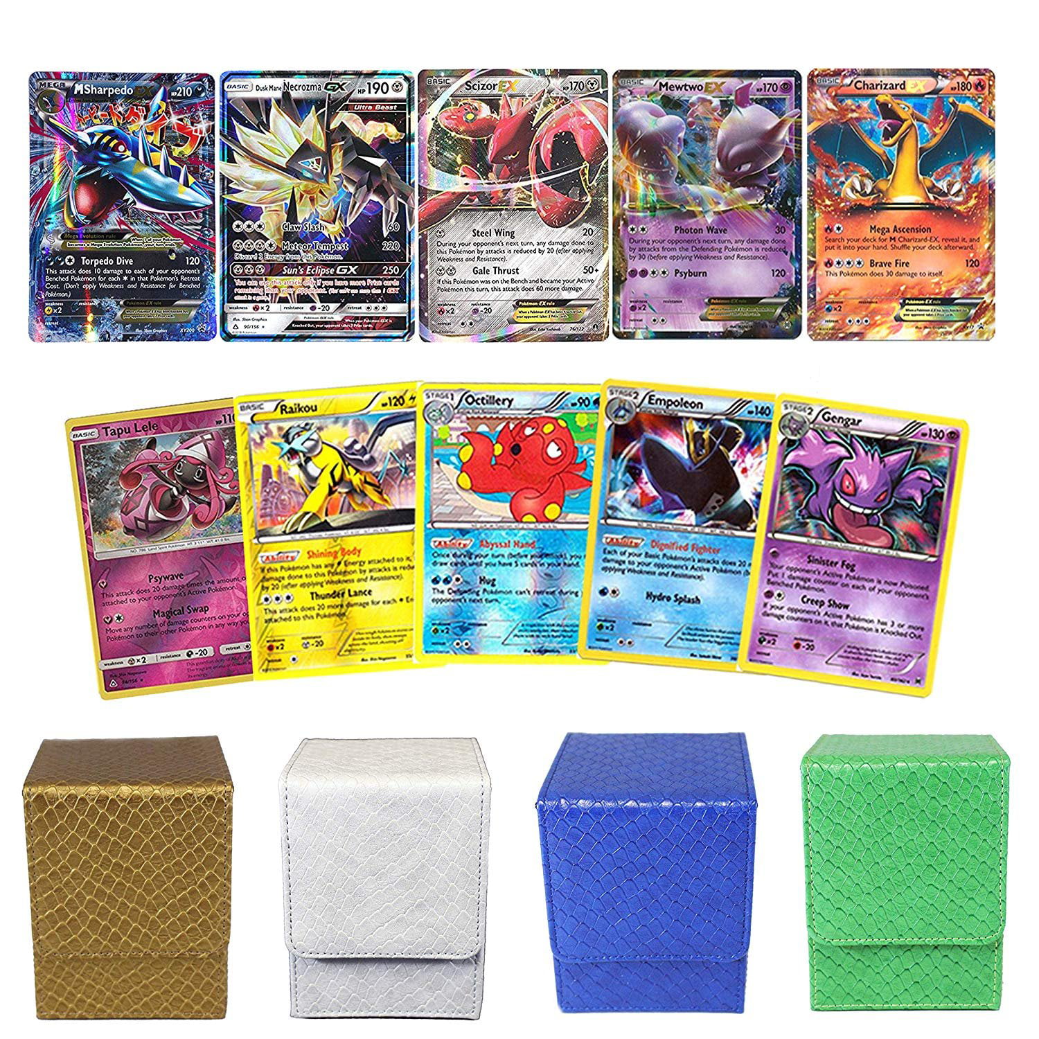 Gold, Blue, Green, or White Figure 1 Dragonhide Deck Box Playoly Pokemon Premium Collection 100 Cards with GX Mega EX Shining Holo 10 Rares 4 Booster Pack