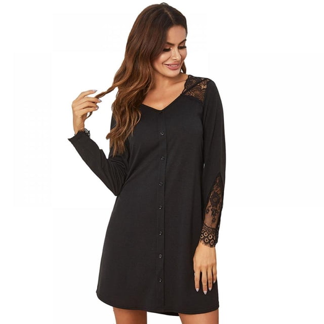 Women‘s Nightgown Lace Stitching Solid Color Plus Size Pajamas Nightgown Button Down Pajama Dress