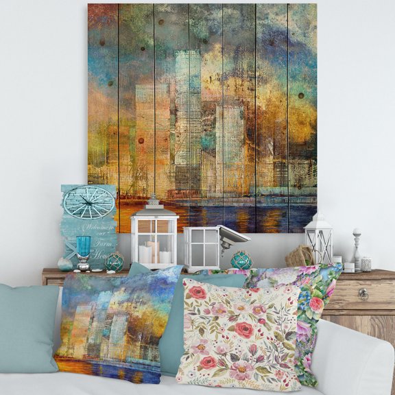 Designart 'Skypscrapers In Futuristic City' Modern Print on Natural Pine Wood