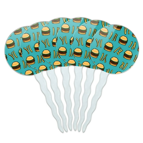 Hamburger and French Fries Pattern Cupcake Picks Toppers Decoration Set of 6