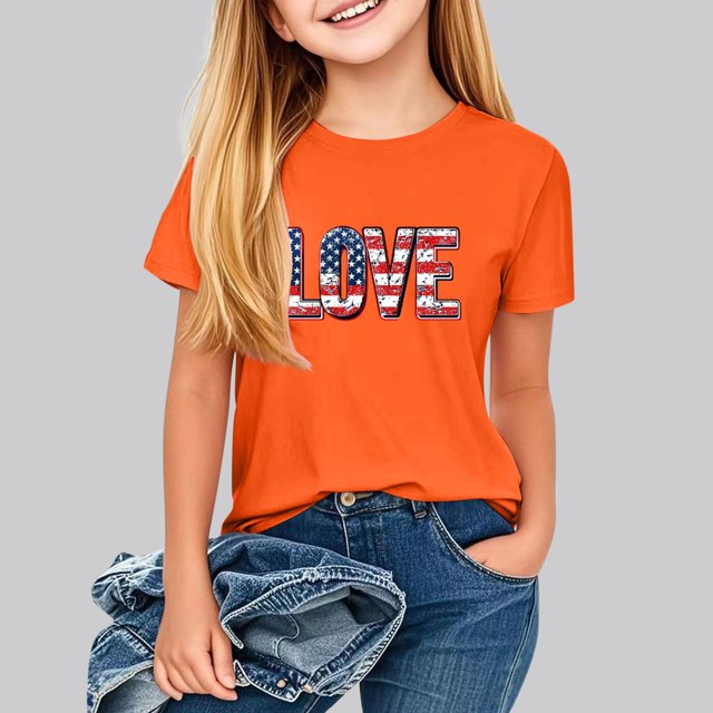 hengsof T-Shirt Imprimé à Thème Patriotique pour Filles, Manches Courtes, Col Rond, Ample et Confortable, Adapté aux Enfants de 2 à 13 Ans