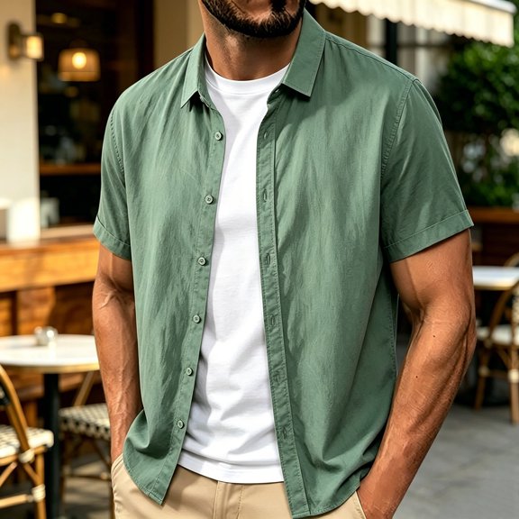 VgaVtl Short Sleeve Mens Collar Shirts Button up Summer Solid Color Minimalist Leisure Tops for Men Cardigan