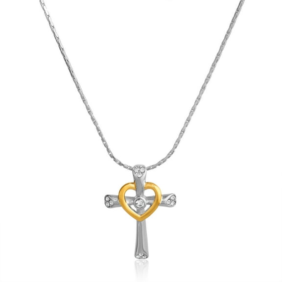 White Natural Diamond Cross Heart Two Tone Pendant Necklace in 14k Gold Over Sterling Silver