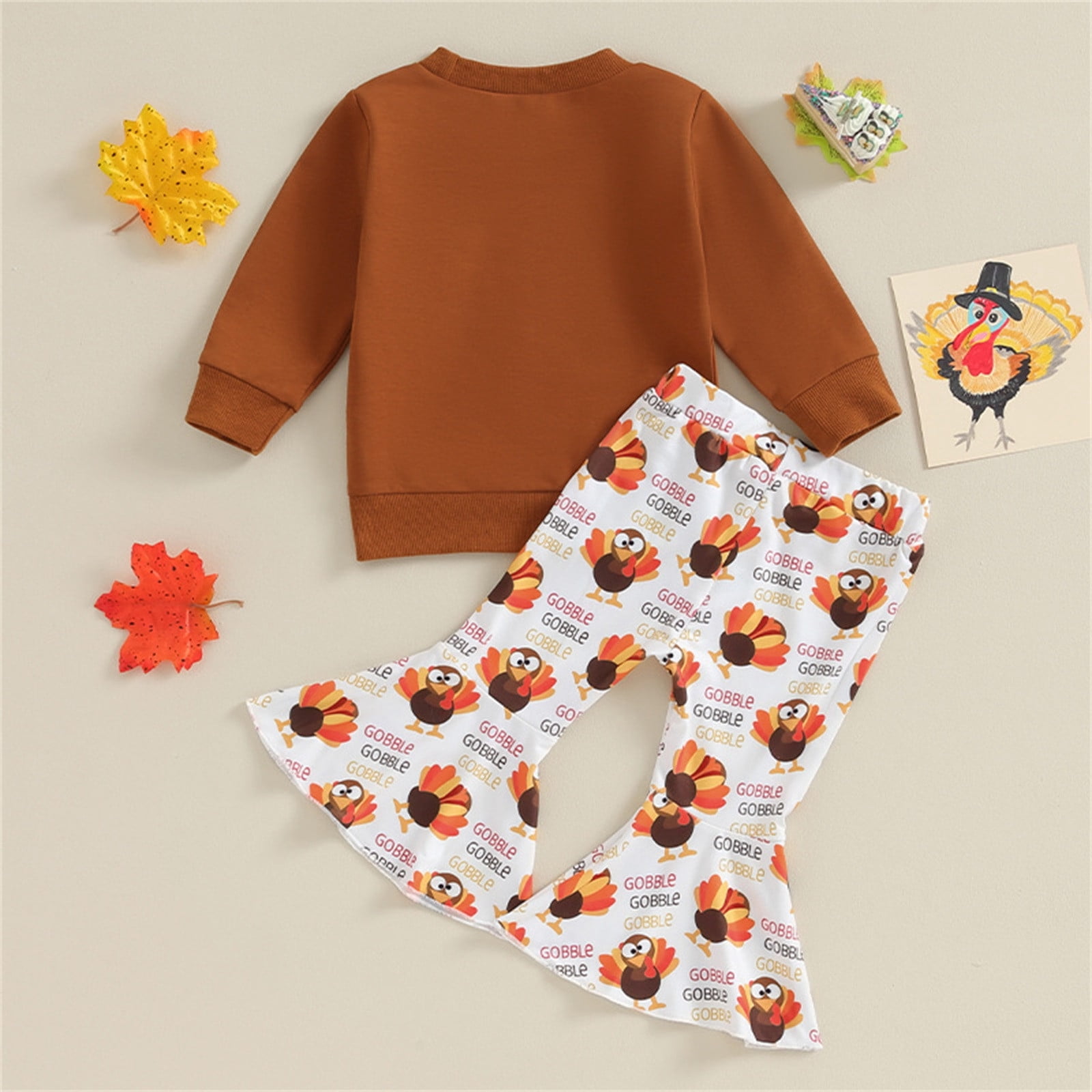 WeeBloom Thanksgiving Baby Girl Boy Outfit Kids Clothes Sweatshirt Sweater Top Turkey Pants Set Fall Winter Girls Outfits,Coffee 18-24 Months