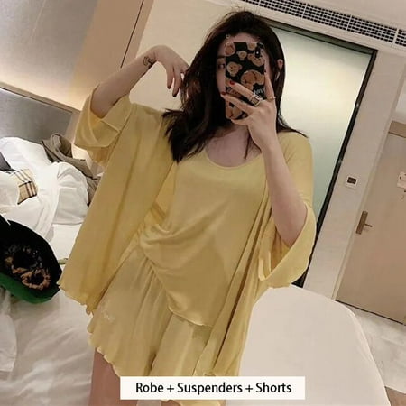 

CoCopeaunt Pajama Set Woman 3 Pieces Sexy Suspenders Loose Shorts Sleepwear WomenS Spring And Summer New Japanese Long-Sleeve Nightgown