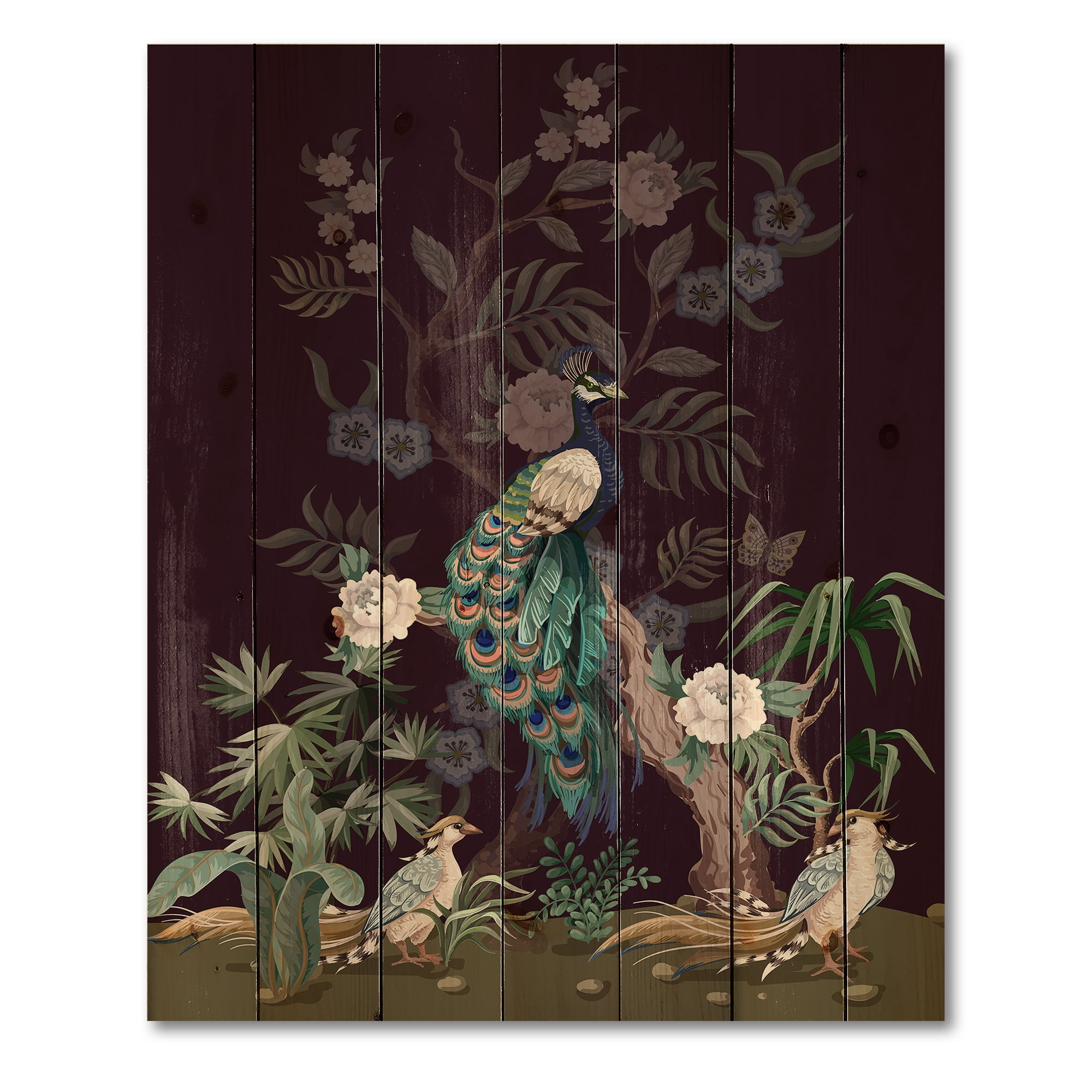 Designart 'Chinoiserie With Peonies and Birds V' Traditional Print on Natural Pine Wood