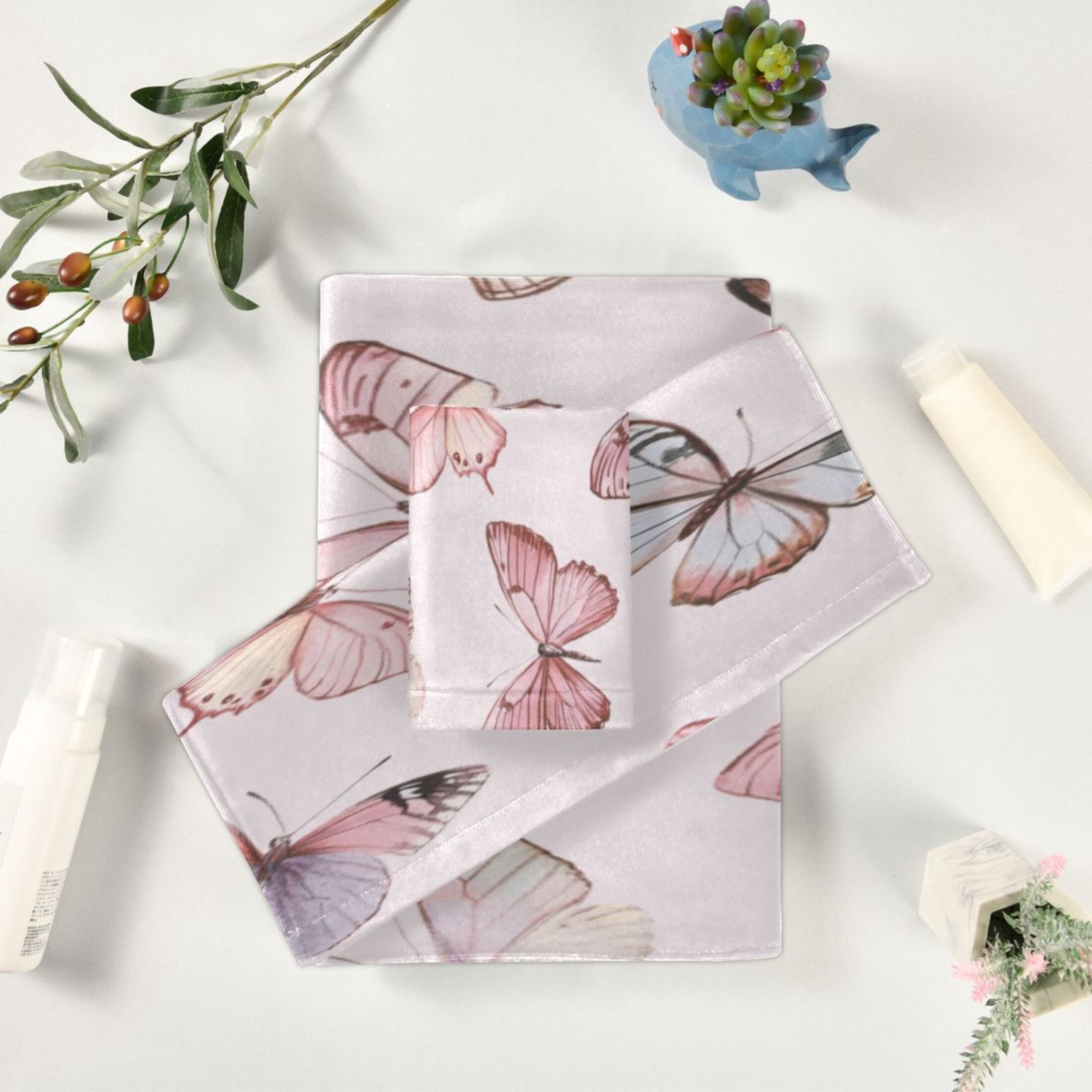 Three-Piece Towel Set Face Towel Towel Set Hand Towel Bath Towel Cotton Bath Towels Bath Towel Sets Hand Bath Towels Pretty Pink Butterfly