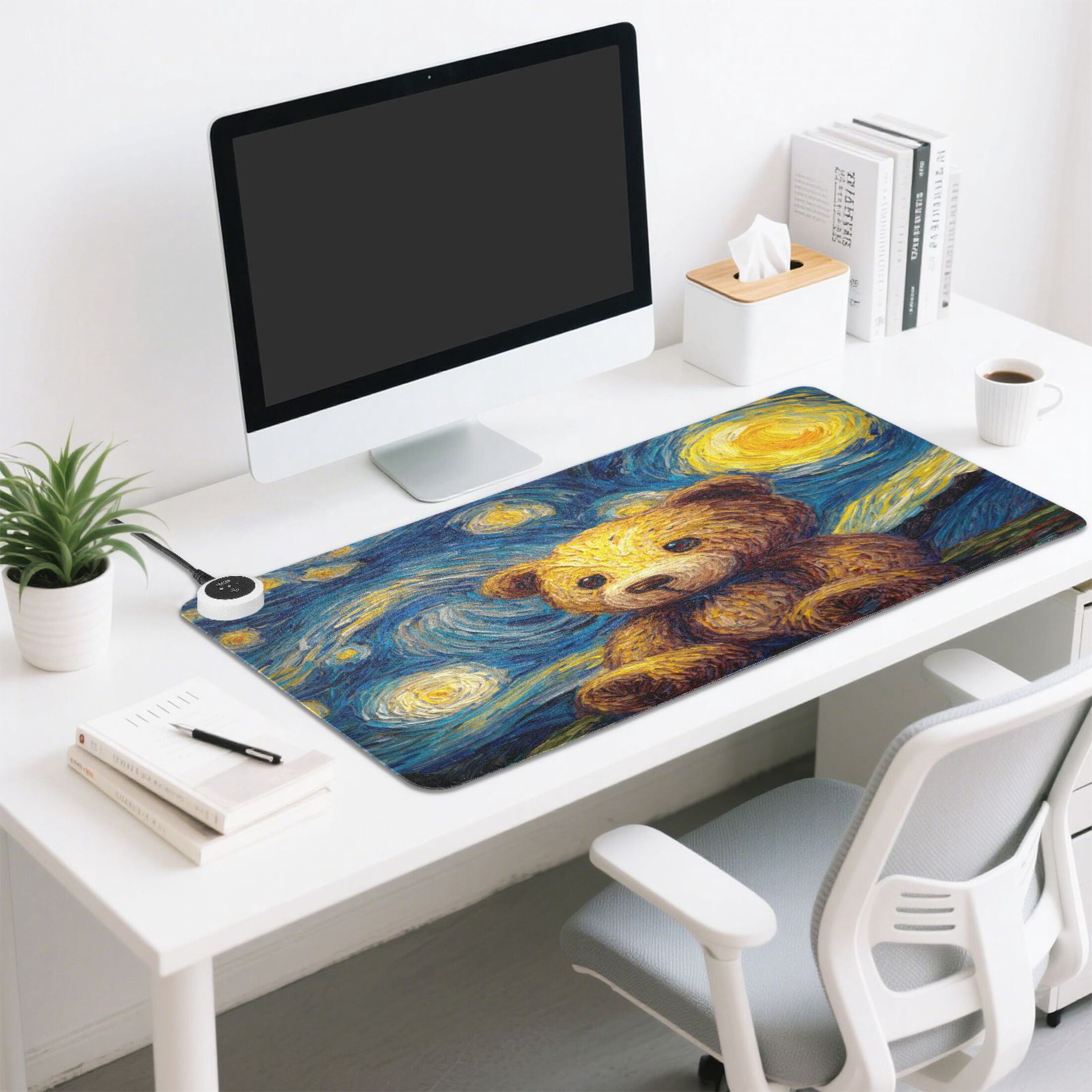Large Heated Desk Mat Mouse Pad 31.5"x13"PU Leather Graphene Heating Desk Warmer with 3 Temperature Settings 110V US Plug Non-Slip Warm Pad for Home, Office, and Gaming Cute Bear under The Stars