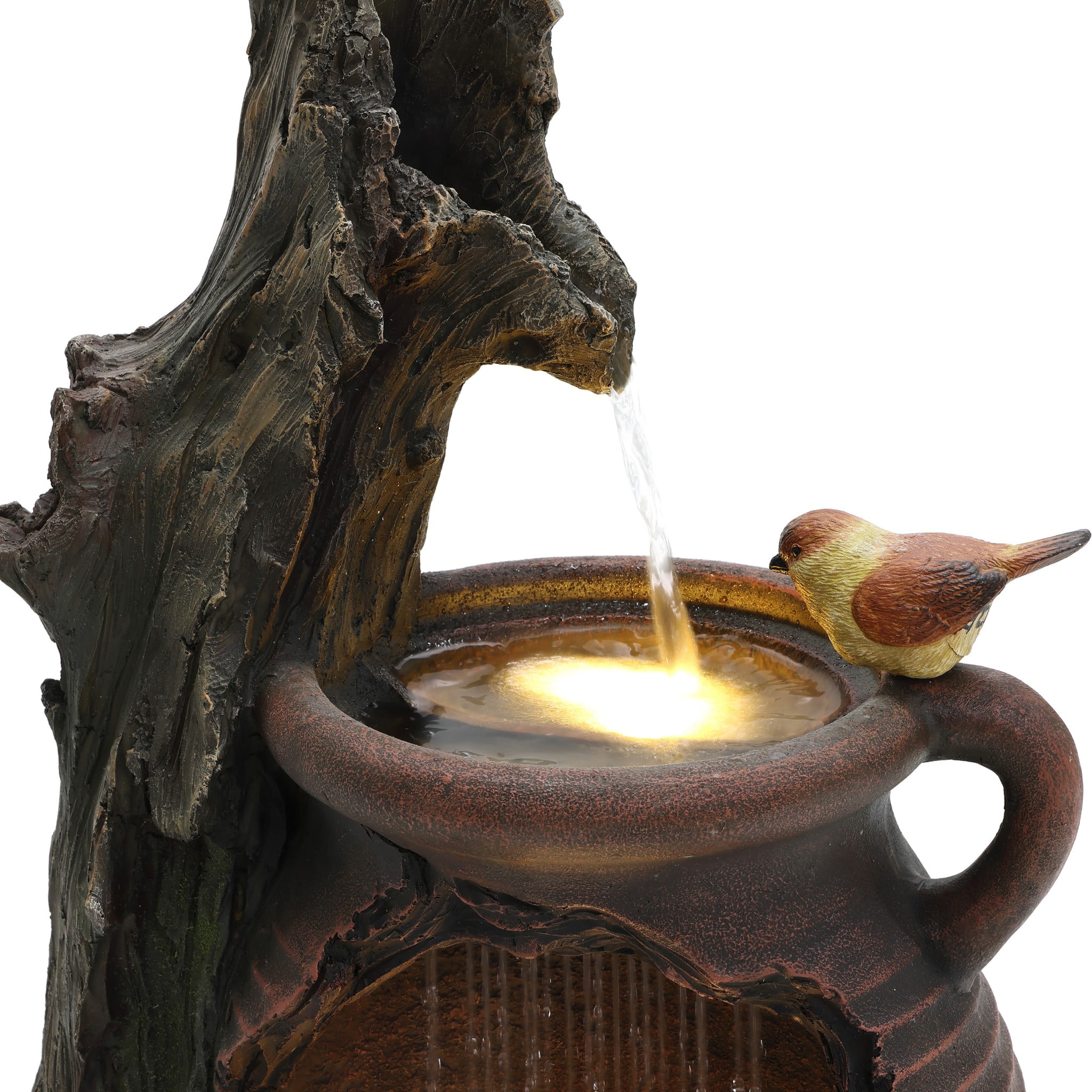 LuxenHome Rain Barrel with Tree and Birds 2.5-Feet Tall Outdoor Polyresin Fountains with Light
