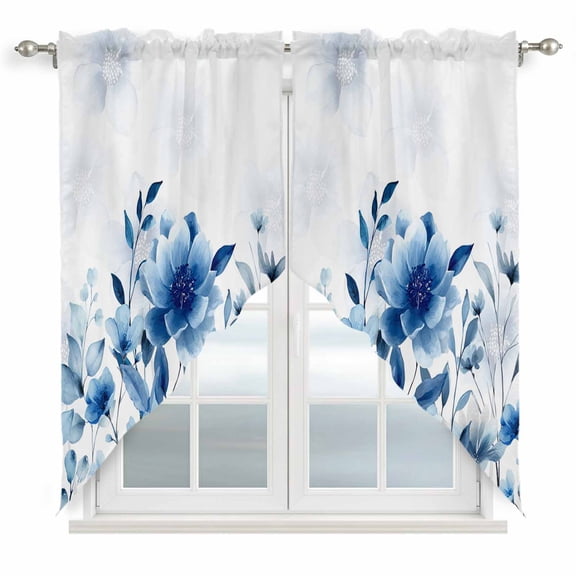 Blue Ombre Floral Kitchen Window Curtains, Swag Curtains Valance for Bedroom Living Room Bathroom, Spring Elegant Flowers Watercolor Rod Pocket Window Treatment Curtain Block Drapes 2 Panels 36"x45"