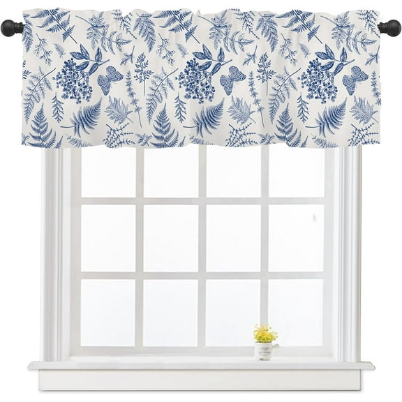 Spring Summer Blue Floral Leaf Curtain Valances for Windows Watercolor Leaves Kitchen Curtains 54x18 Inch Short Farmhouse Rod Pocket Window Treatment Valance 1 Panel for Living Room Bedroom Decor