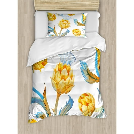 Bright Colored Bedding Sets Artichoke Duvet Cover Set, Abstract Colored Vegetables in Art Nouveau Watercolored Design, Decorative Bedding Set with Pillow Shams, Sky Blue and Earth Yellow, by Ambesonne ()