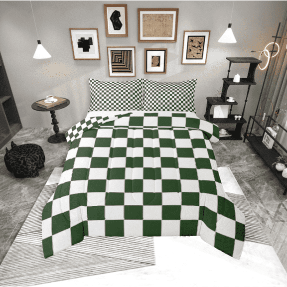 Erosebridal Olive Checkered Bedding Set White Dark Green Buffalo Plaid Grid Comforter Set Twin,Checkerboard Quilt Set Aesthetics Gingham Duvet Set Modern Room Decor