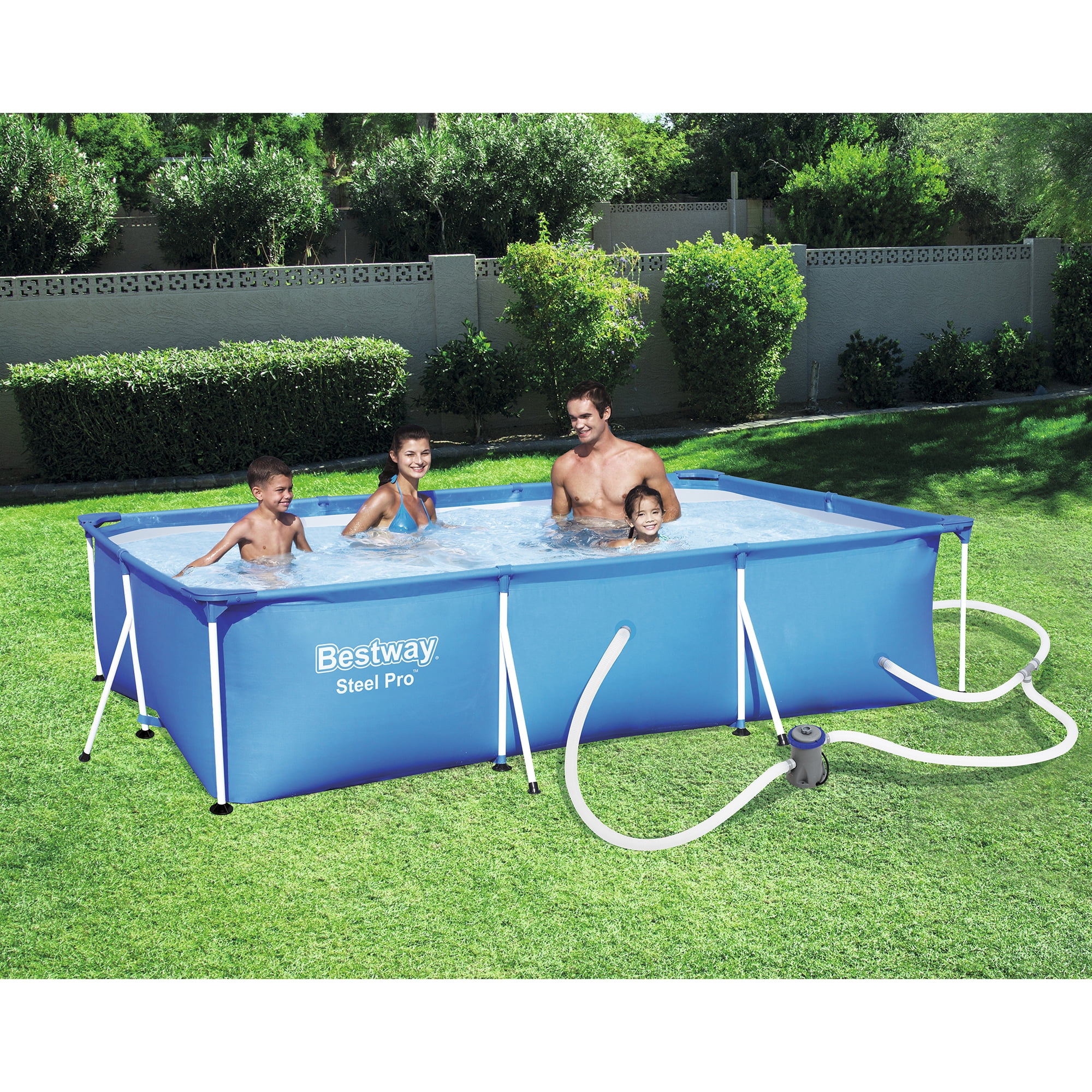 Bestway Steel Pro 118 x 79 x 26 Inch Rectangular Metal Frame Above Ground Swimming Pool Set, 56412E-BW