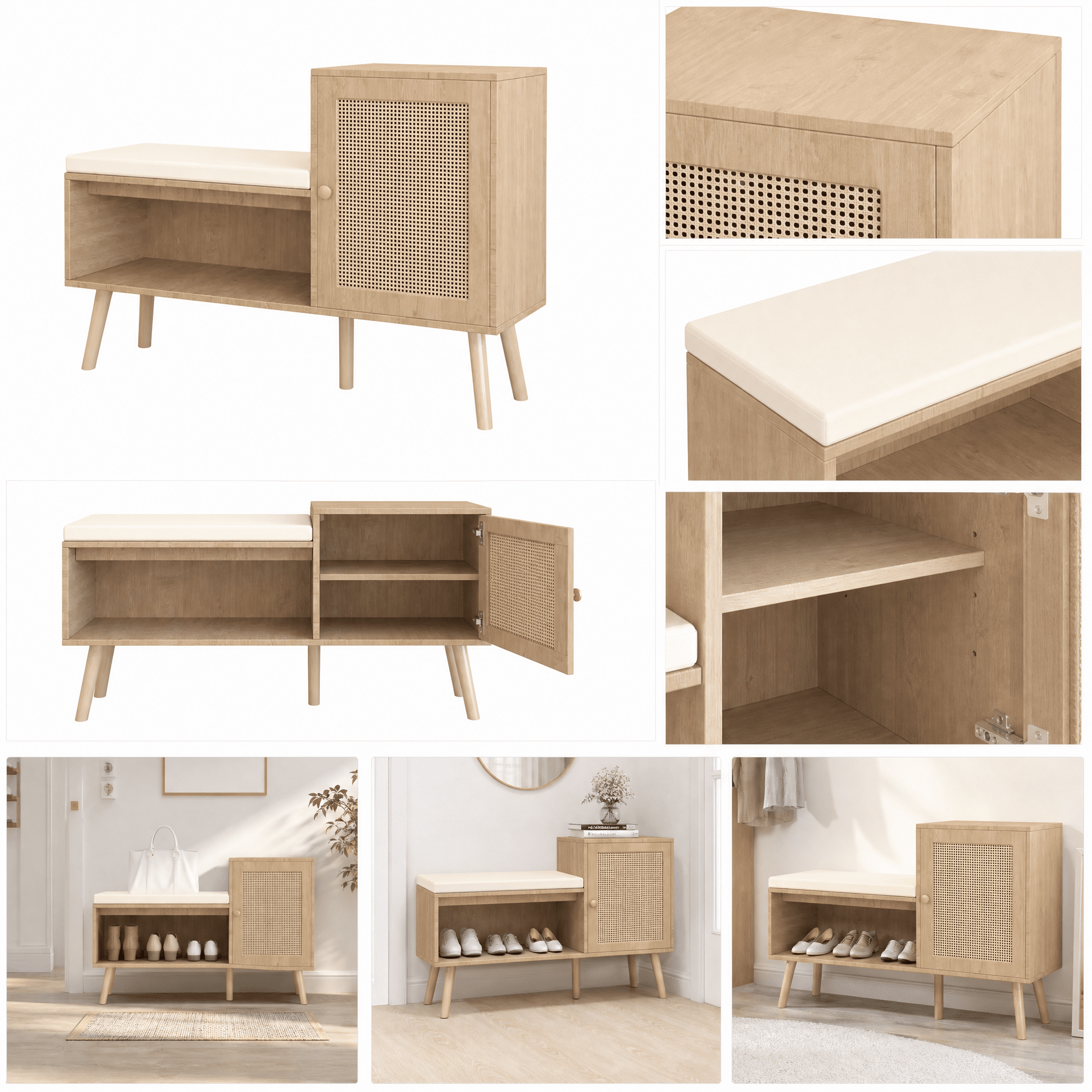 2-in-1 Shoe Storage Bench, PP Rattan Shoe Cabinet with 2 Adjustable Shelves and Removable Seat Cushion, Modern Entryway Bench, Shoe Storage Organizer, Shoe Rack for Hallway, Bedroom