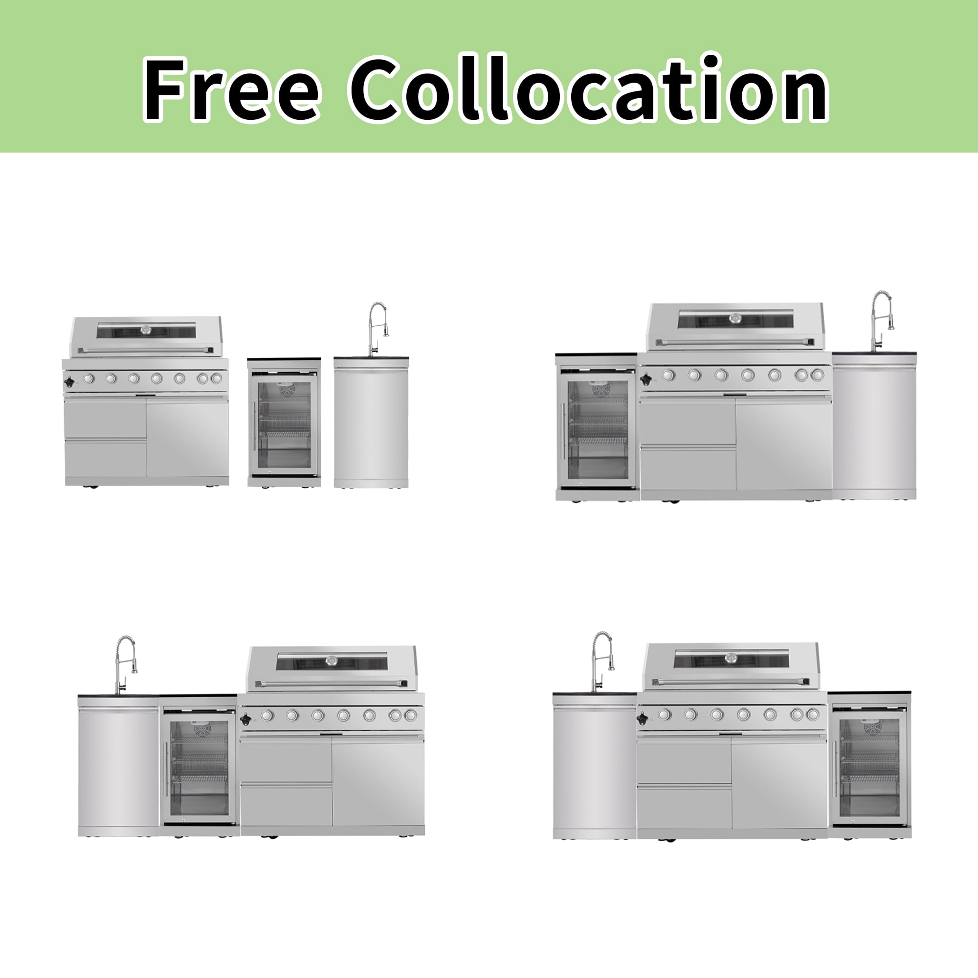 Daheat Stainless Steel Modular Outdoor Kitchen Gas Grill Island with 6-Burner 85000 BTU Grill, Wine Cooler, Fridge, Rotisserie, Granite Top & Storage