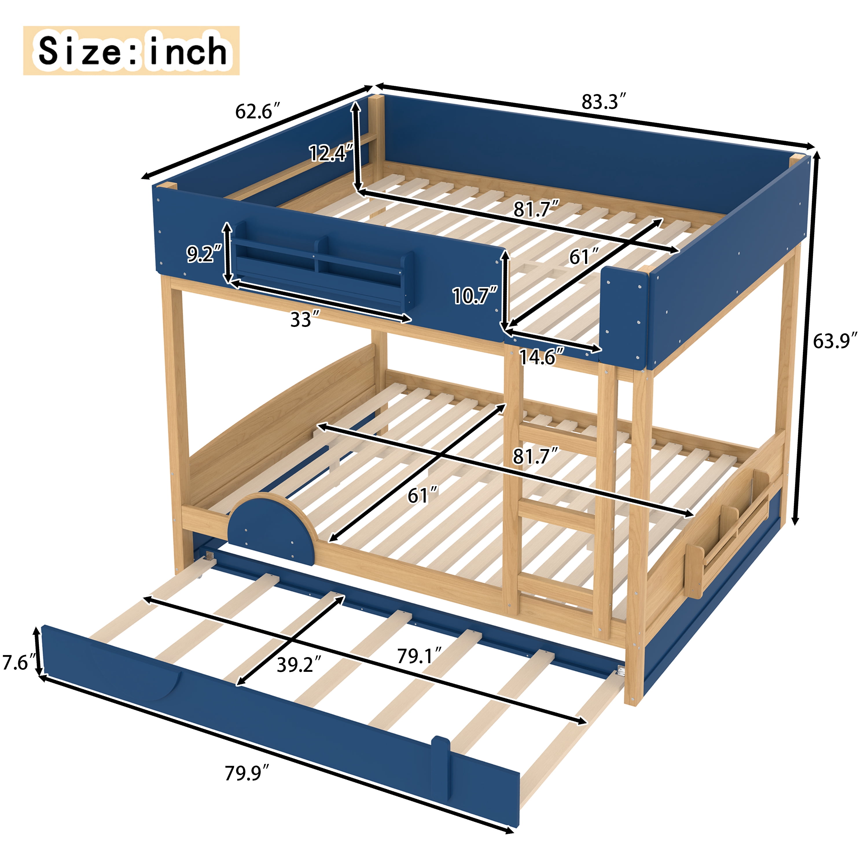Mintazer Queen Over Queen Car Themed Bunk Bed with Trundle & Bookshelf, Modern Bunk Bed with Guardrail for Kids, Natural & Blue