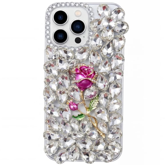 for Samsung Galaxy A17 (4G) Rhinestone Phone Case Designer Handmade Shiny Bling Crystal Teardrop Glass Diamond & 3D Metal Rose Flower Glitter Clear Cover for Women Girl