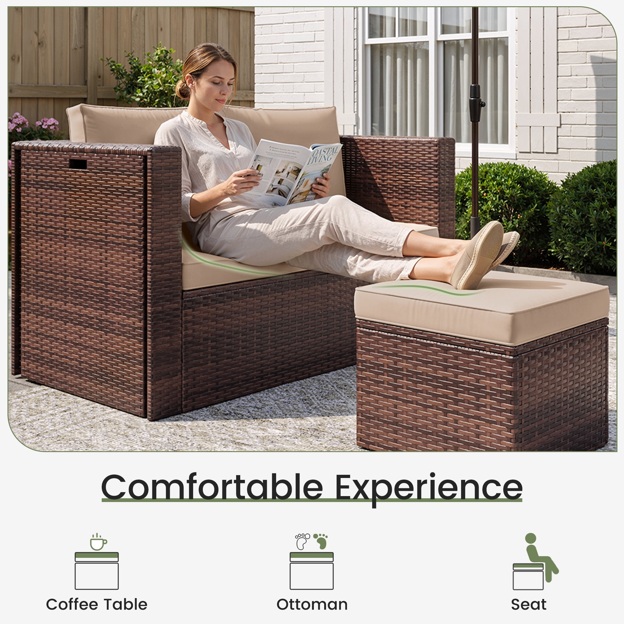 POTEBAN 6-Piece Space-Saving Patio Furniture Set, All Weather Brown Wicker Rattan Sectional Sofa with 2 Ottomans, Outdoor Conversation Set for Garden, Backyard, Khaki Cushions