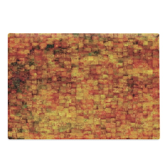 Burnt Orange Cutting Board, Vintage Mosaic Background Quadratic Little Geometric Squares Faded Print, Decorative Tempered Glass Cutting and Serving Board, Large Size, Orange Mustard, by Ambesonne