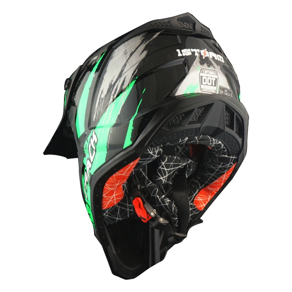1Storm Adult Motocross Helmet ATV Dirt Bike BMX MX Downhill Mountain Helmet Track Style JH601; Track Green + Goggles + Skeleton Green Glove Bundle