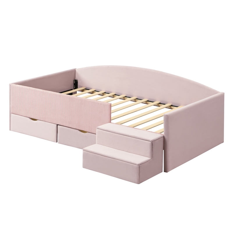 Twin Size Kids Daybed Frame with Small Stair & 2 Storage Drawers, Velvet+Corduroy Dual Upholstered Accent Platform Bed