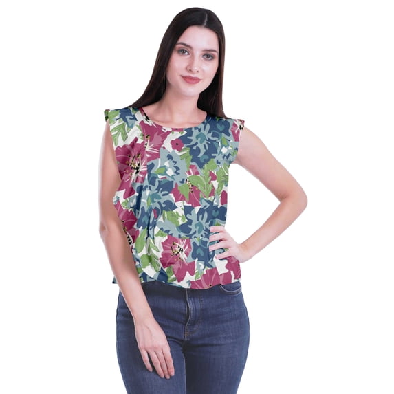 Moomaya Tops For Women Work Casual Printed Round Neck Ruffle Casual Crop Top