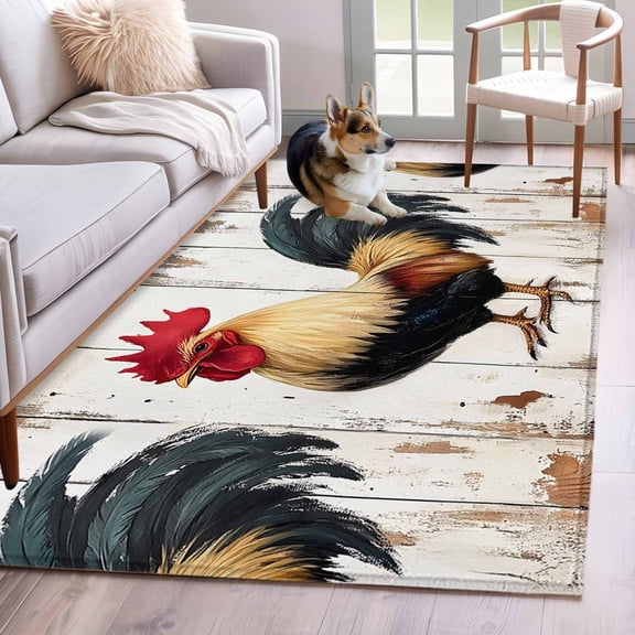 Retro Rooster Area Rug 4x6 Washable Rug Non Slip Watercolor Vintage Rooster Large Area Rug Indoor Floor Carpet for Entryway Bedroom Kitchen Living Room Home Office Dining Room Nursery