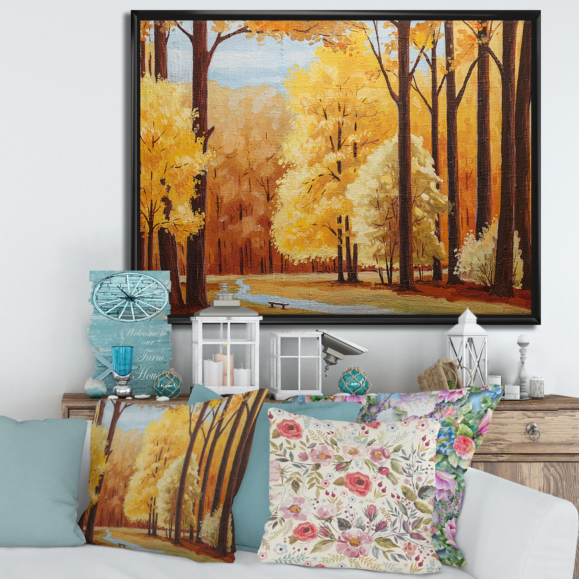 Designart 'Orange Autumn Trees At Sunrise' Farmhouse Framed Canvas Wall Art Print