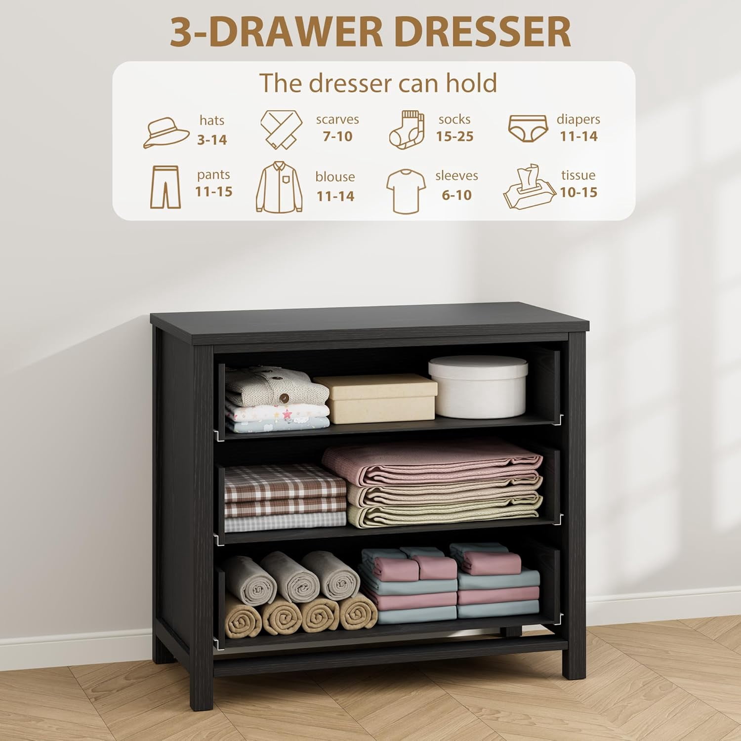 3 Drawer Dresser for Bedroom, 29 Inch Tall Chest of Drawers for Closet, Modern Clothes Storage Cabinet & Vertical Drawer Organizer for Living Room, Hallway, Nursery, Black