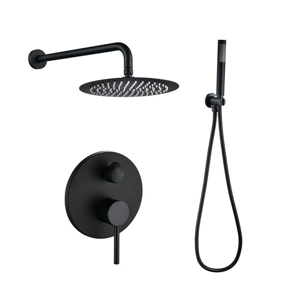 Dawot Shower System Faucet Set, Matte Black 10" Roud Rain Shower Head and Handheld Shower Head Kit, Wall Mounted Shower Trim Kit with Valve