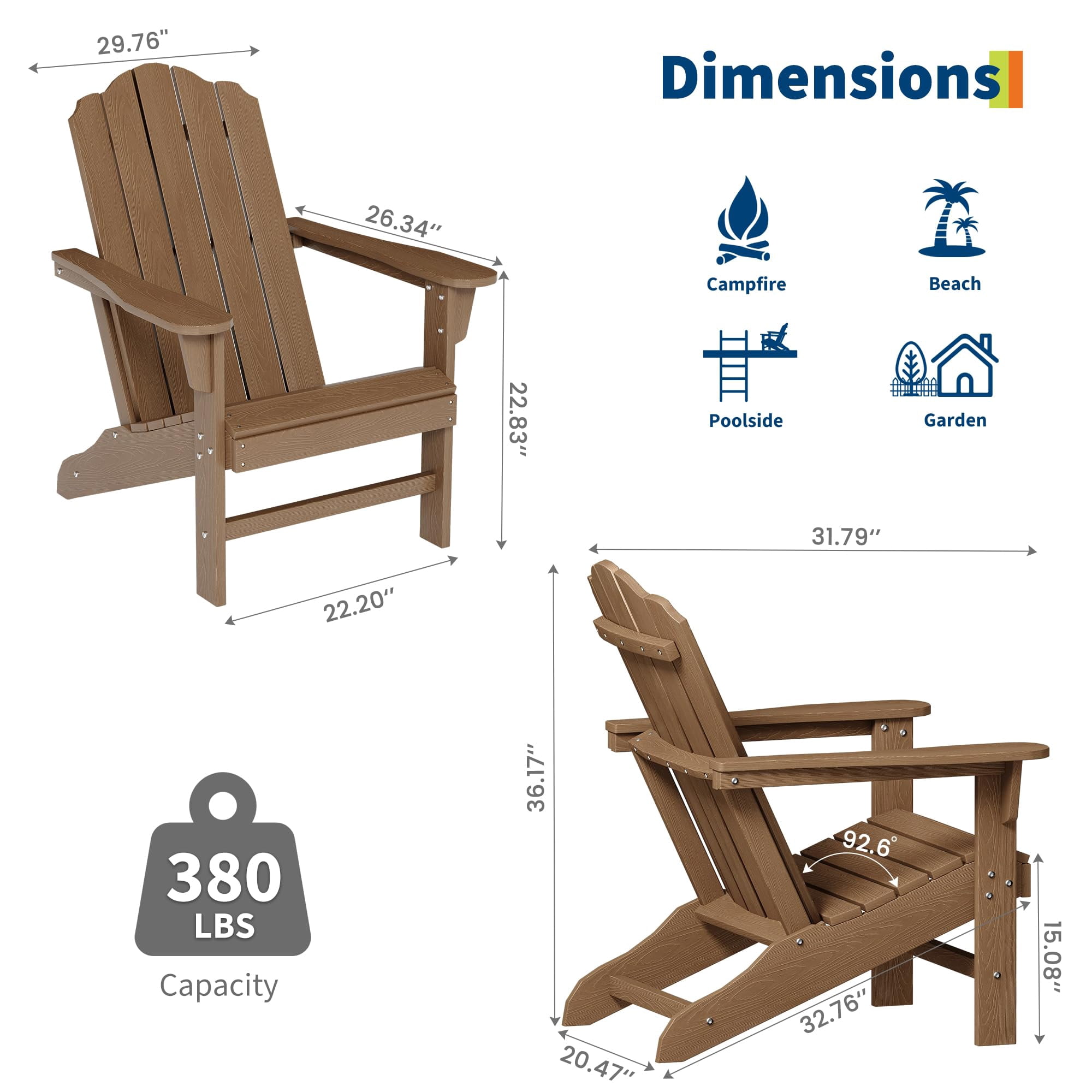 HDPE Adirondack Chair Set of 2, Wood Texture Patio Furniture, Outdoor Lawn Chair for Garden Backyard Deck Poolside,Brown
