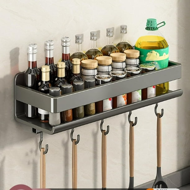 Estante para especias de acero inoxidable, estante para utensilios de cocina, estante para especias de pared sin perforaciones, estante para especias con ganchos, estante de almacenamiento de pared